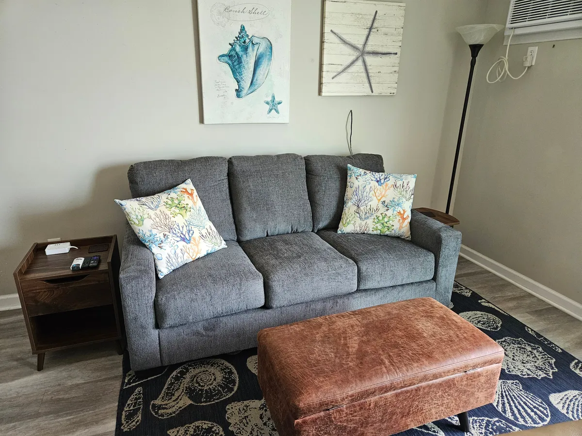 A comfortable and stylish living room with a gray sofa adorned with colorful throw pillows, a wooden side table, decorative paintings, and a brown ottoman. The setup is perfect for relaxing, socializing, or enjoying a movie night in a casual, homey environment.